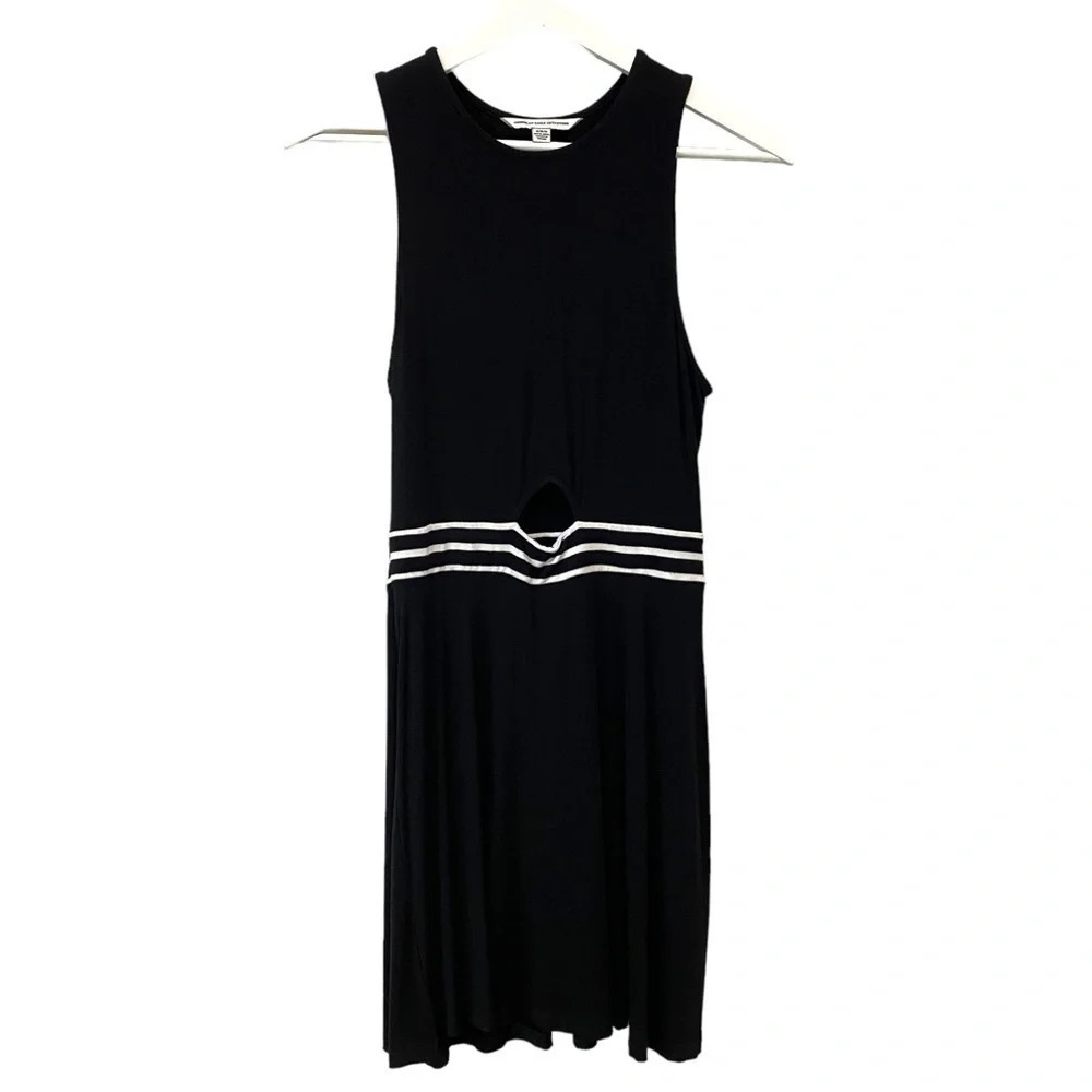 American Eagle Casual Black Jersey Dress Sleeveless with Cut Out and White Trim